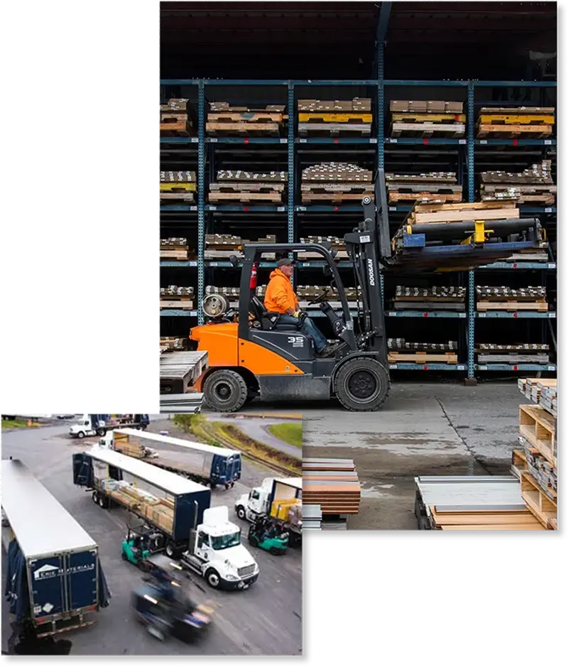 Collage of two images, one of a worker operating a forklift in a warehouse and the other of multiple trucks